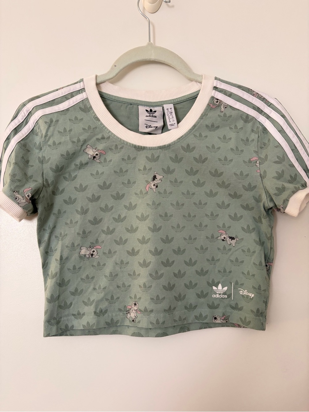 Adidas Originals Sage Green & White Disney Stitch Crop Tee